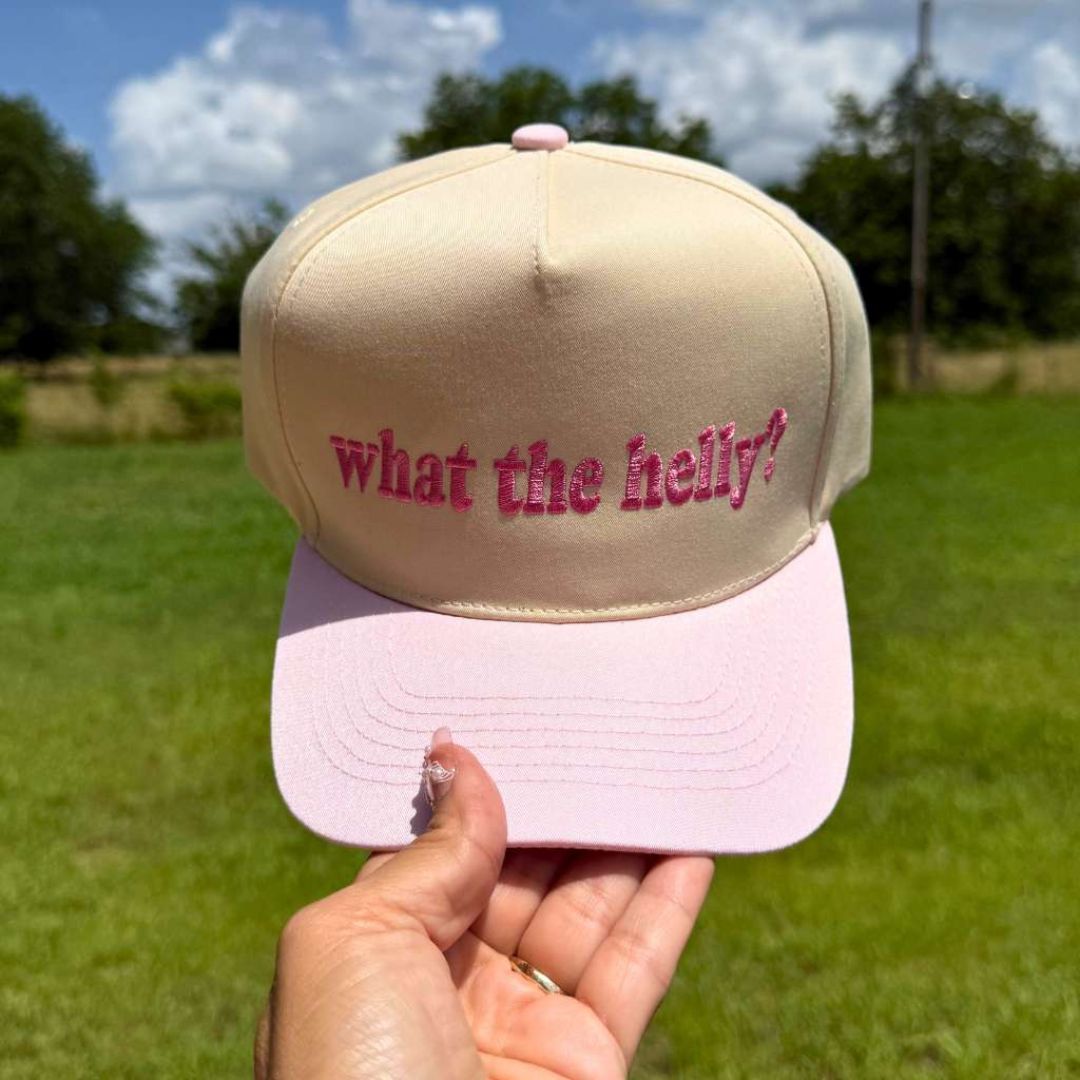 Natural Light Pink Two-tone 5-panel embroidered baseball hat featuring the phrase “What the Helly?” in bold stitching, adjustable snapback closure – DSY Lifestyle