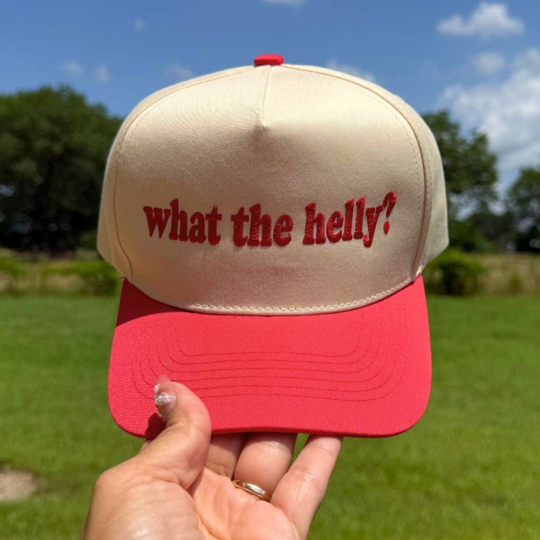 Natural Red Two-tone 5-panel embroidered baseball hat featuring the phrase “What the Helly?” in bold stitching, adjustable snapback closure – DSY Lifestyle