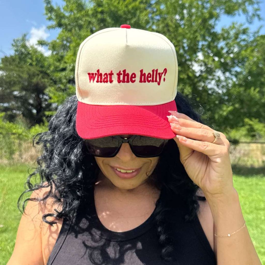 Lady wearing the Natural Red Two-tone 5-panel embroidered baseball hat featuring the phrase “What the Helly?” in bold stitching, adjustable snapback closure – DSY Lifestyle