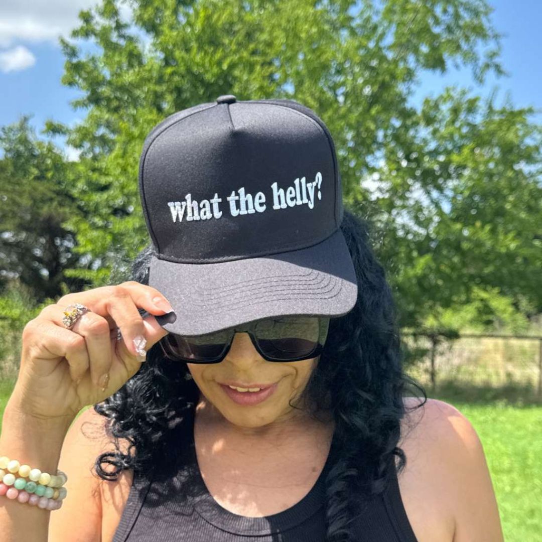 Solid Black Two-tone 5-panel embroidered baseball hat featuring the phrase “What the Helly?” in bold stitching, adjustable snapback closure – DSY Lifestyle