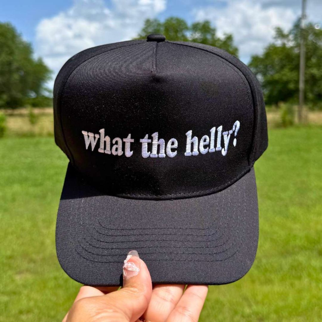 Solid Black Two-tone 5-panel embroidered baseball hat featuring the phrase “What the Helly?” in bold stitching, adjustable snapback closure – DSY Lifestyle