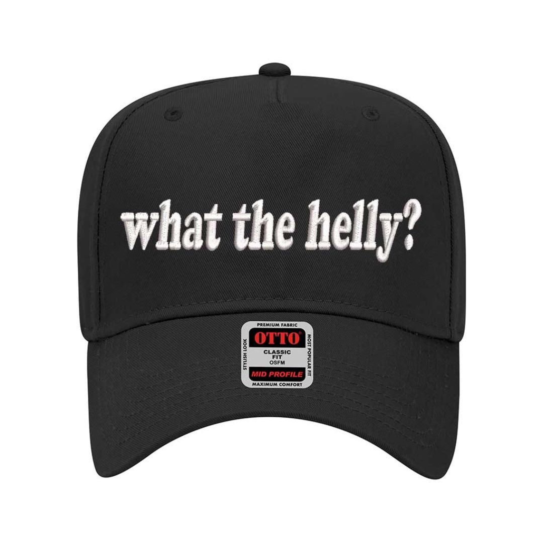 Solid Black Two-tone 5-panel embroidered baseball hat featuring the phrase “What the Helly?” in bold stitching, adjustable snapback closure – DSY Lifestyle