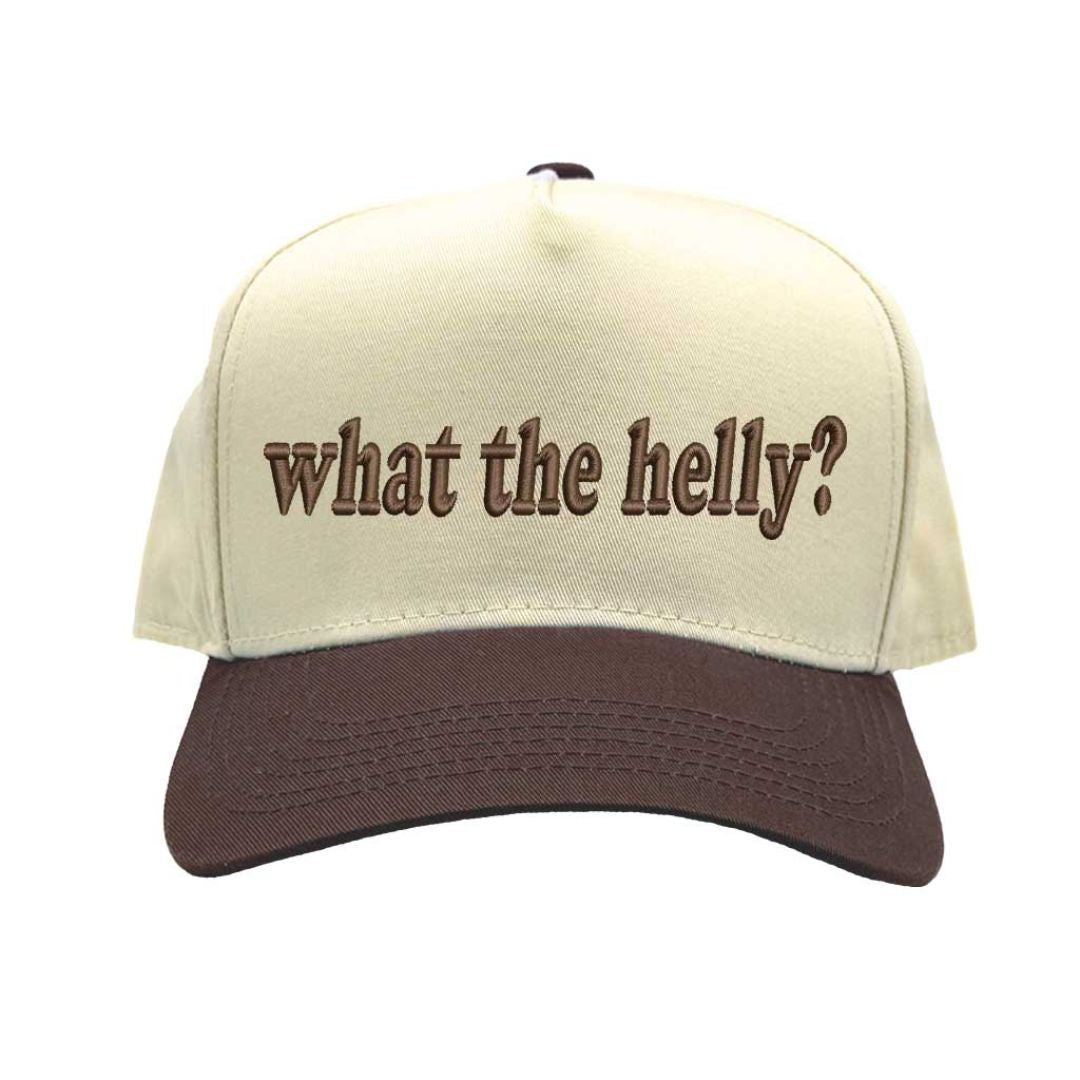 Natural Brown Two-tone 5-panel embroidered baseball hat featuring the phrase “What the Helly?” in bold stitching, adjustable snapback closure – DSY Lifestyle