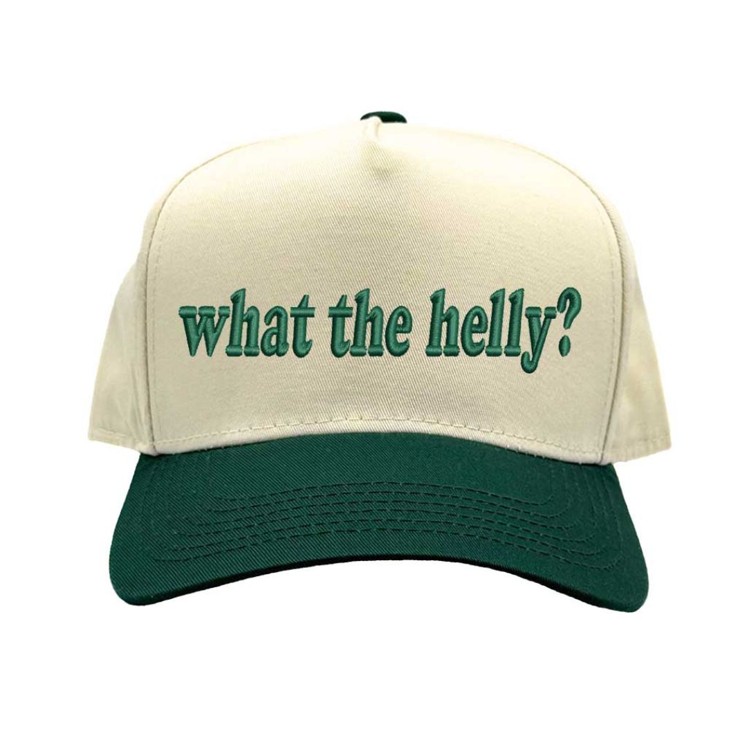 Natural Forest Green Two-tone 5-panel embroidered baseball hat featuring the phrase “What the Helly?” in bold stitching, adjustable snapback closure – DSY Lifestyle