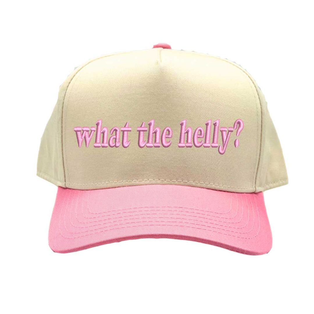 Natural Light Pink Two-tone 5-panel embroidered baseball hat featuring the phrase “What the Helly?” in bold stitching, adjustable snapback closure – DSY Lifestyle