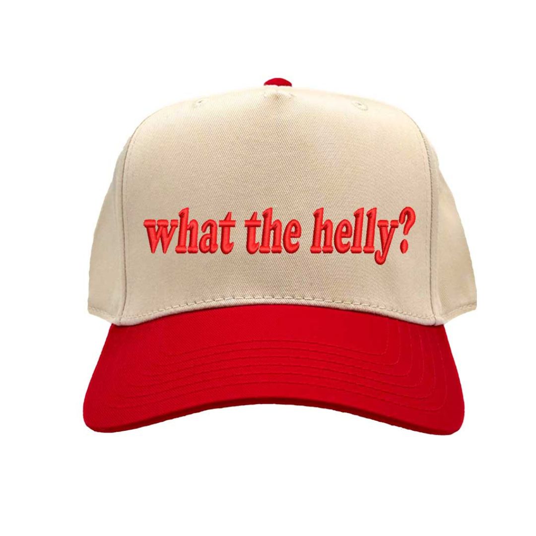 Natural Red Two-tone 5-panel embroidered baseball hat featuring the phrase “What the Helly?” in bold stitching, adjustable snapback closure – DSY Lifestyle