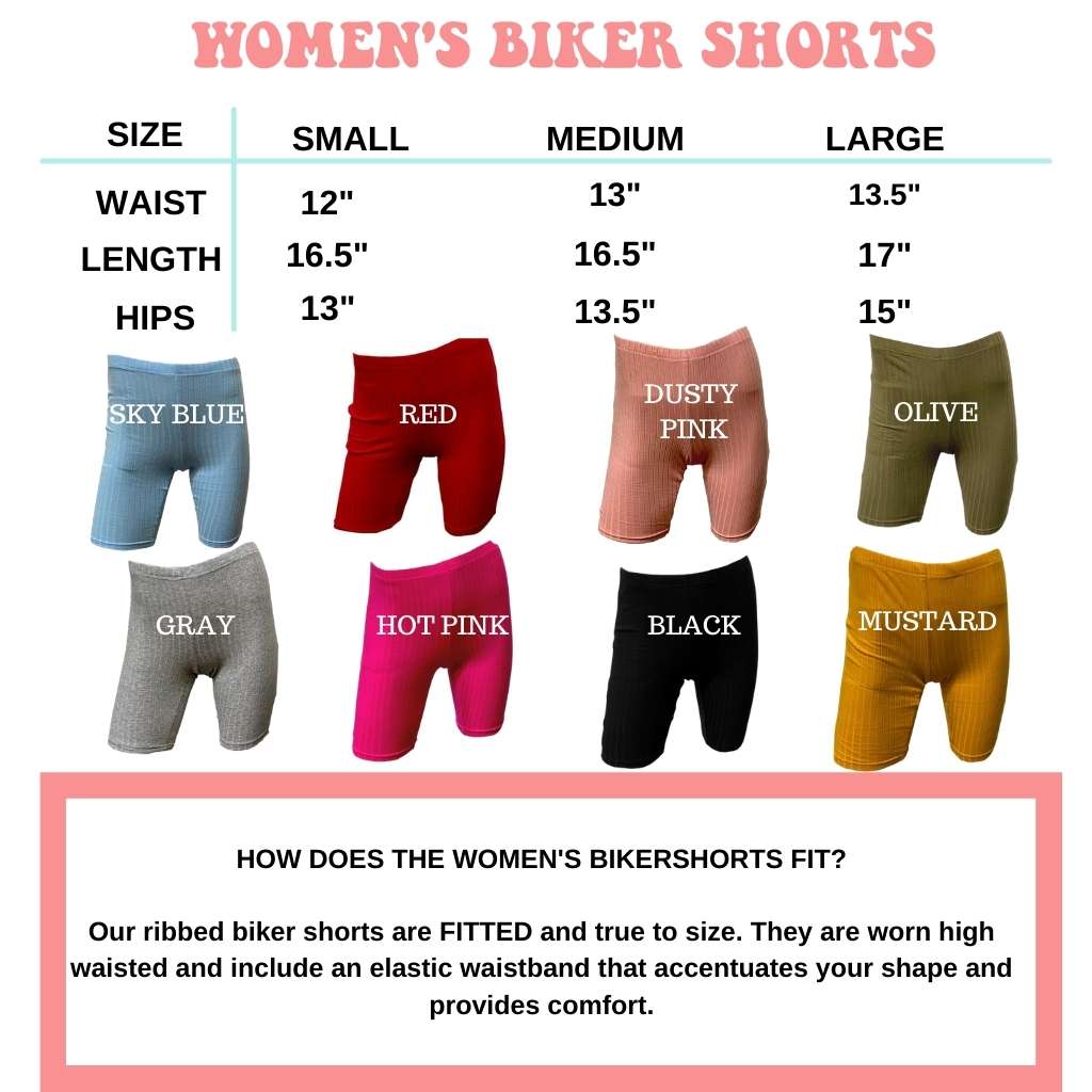 Womens biker shorts color and size chart available in sky blue, red, dusty rose, olive, gray, pink, black, mustard - DSY Lifestyle