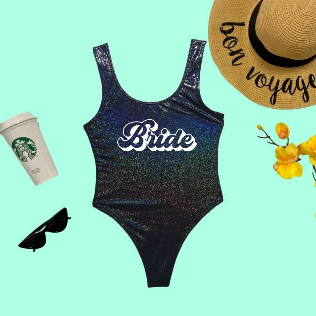 Flat lay of Bride Black Glitter One Piece Swimsuit - DSY Lifestyle