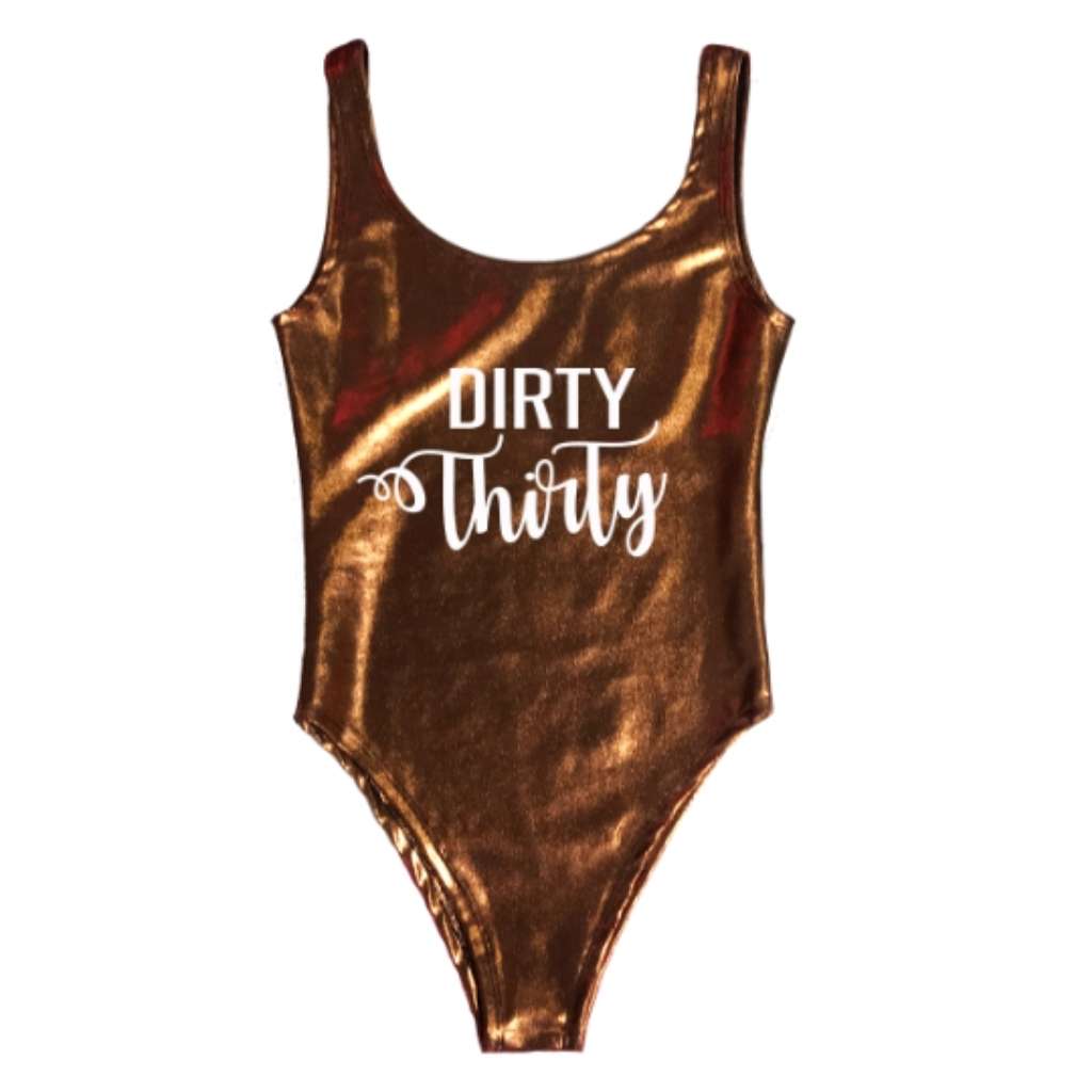 Holographic swimsuit printed with dirty thirty on the front - DSY Lifestyle