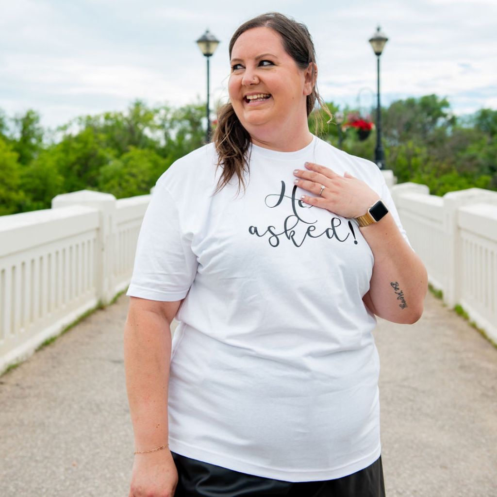 Female wearing white tshirt with He asked! printed - DSY Lifestyle
