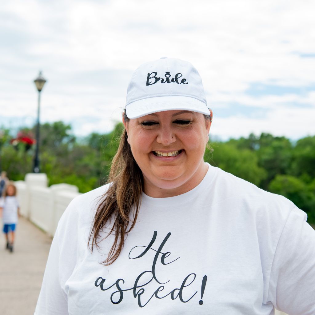 Female wearing white tshirt with He asked! printed - DSY Lifestyle