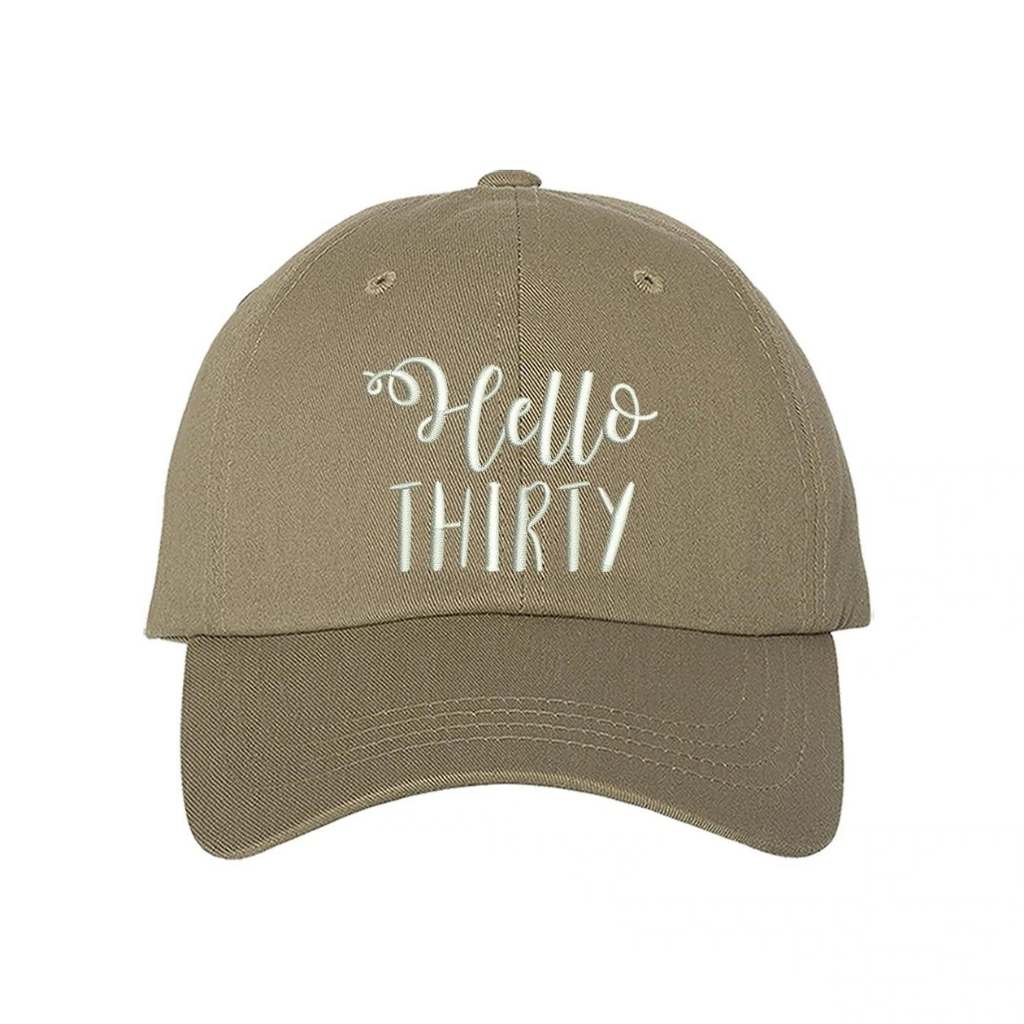 Khaki baseball hat with Hello Thirty embroidered in white - DSY Lifestyle