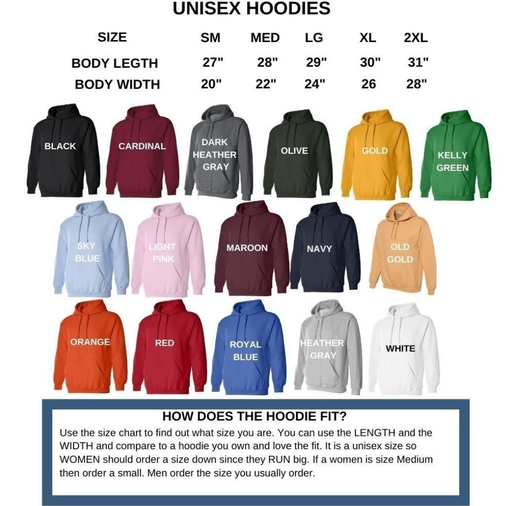 Unisex Hoodie Sweatshirt color and size chart- DSY Lifestyle