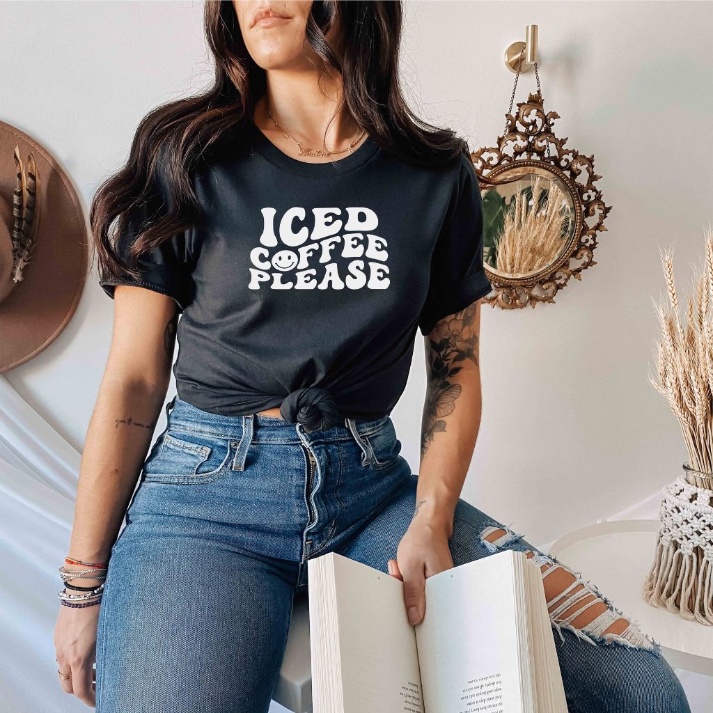 Female wearing a black shirt with Iced Coffee Please - DSY Lifestyle
