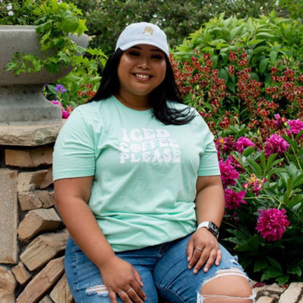 Female wearing a mint shirt with Iced Coffee Please - DSY Lifestyle