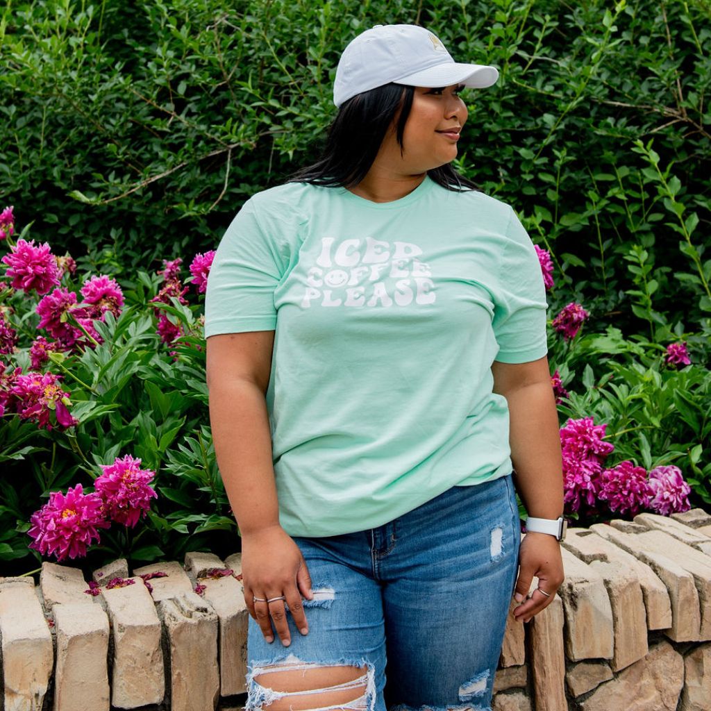 Female wearing a mint shirt with Iced Coffee Please - DSY Lifestyle
