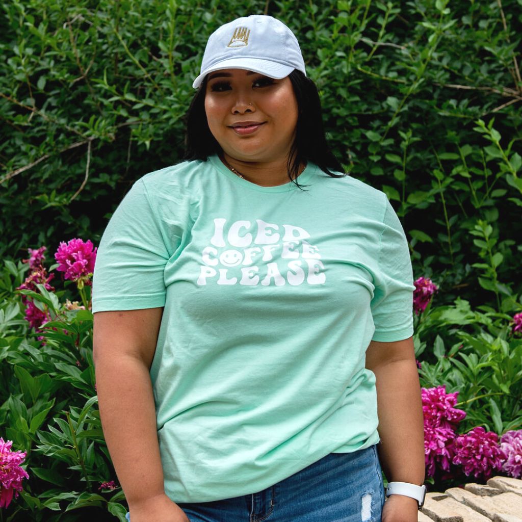 Female wearing a mint shirt with Iced Coffee Please - DSY Lifestyle