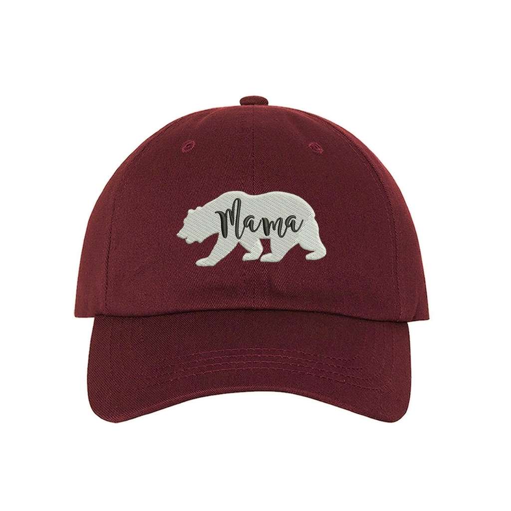 Burgundy baseball hat with white bear outline and Mama embroidered in black - DSY Lifestyle