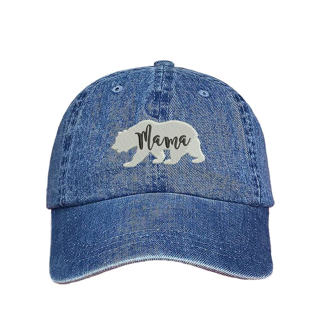Light denim baseball hat with white bear outline and Mama embroidered in black - DSY Lifestyle