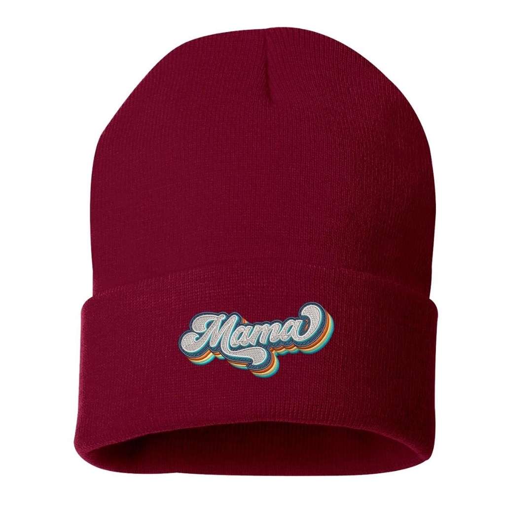 Burgundy cuffed beanie with Mama embroidered in a retro font - DSY Lifestyle