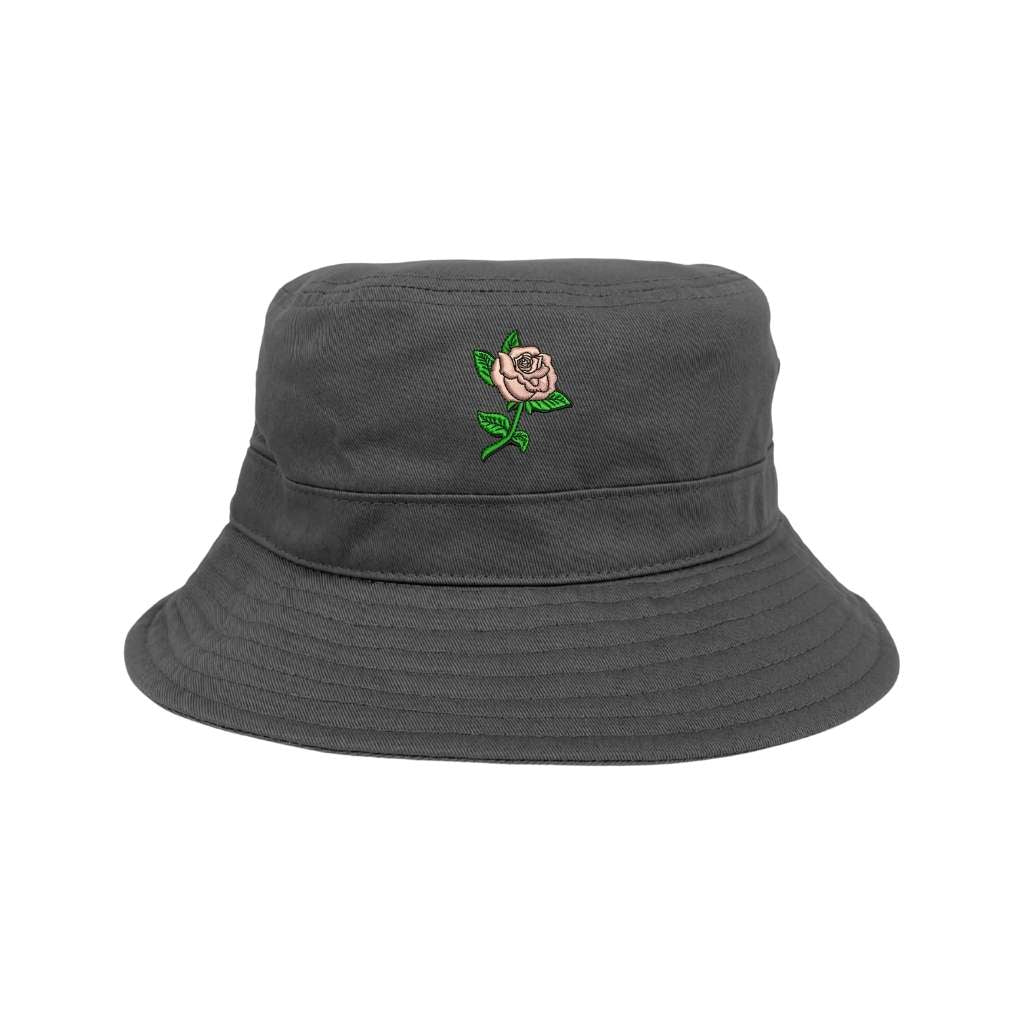 Embroidered pink rose on grey bucket hat - DSY Lifestyle