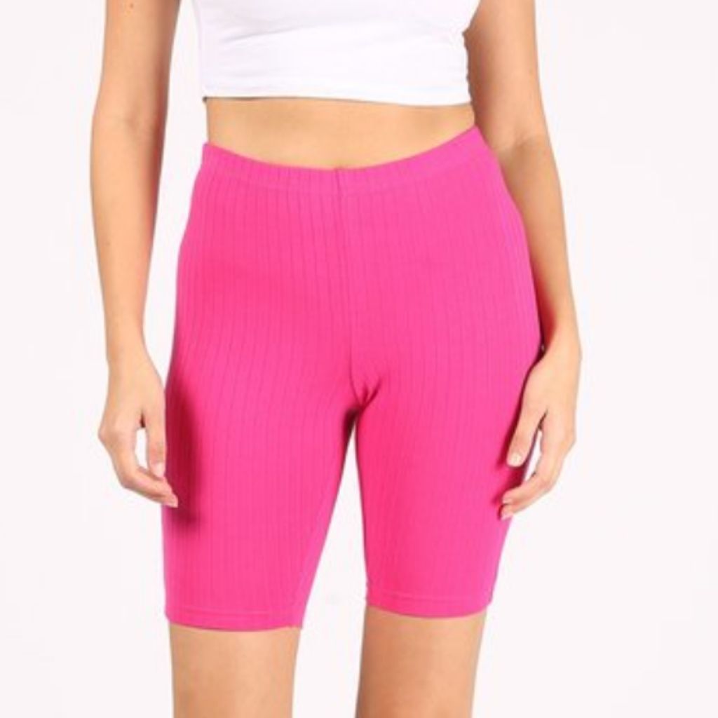 Model wearing pink ribbed biker shorts - DSY Lifestyle