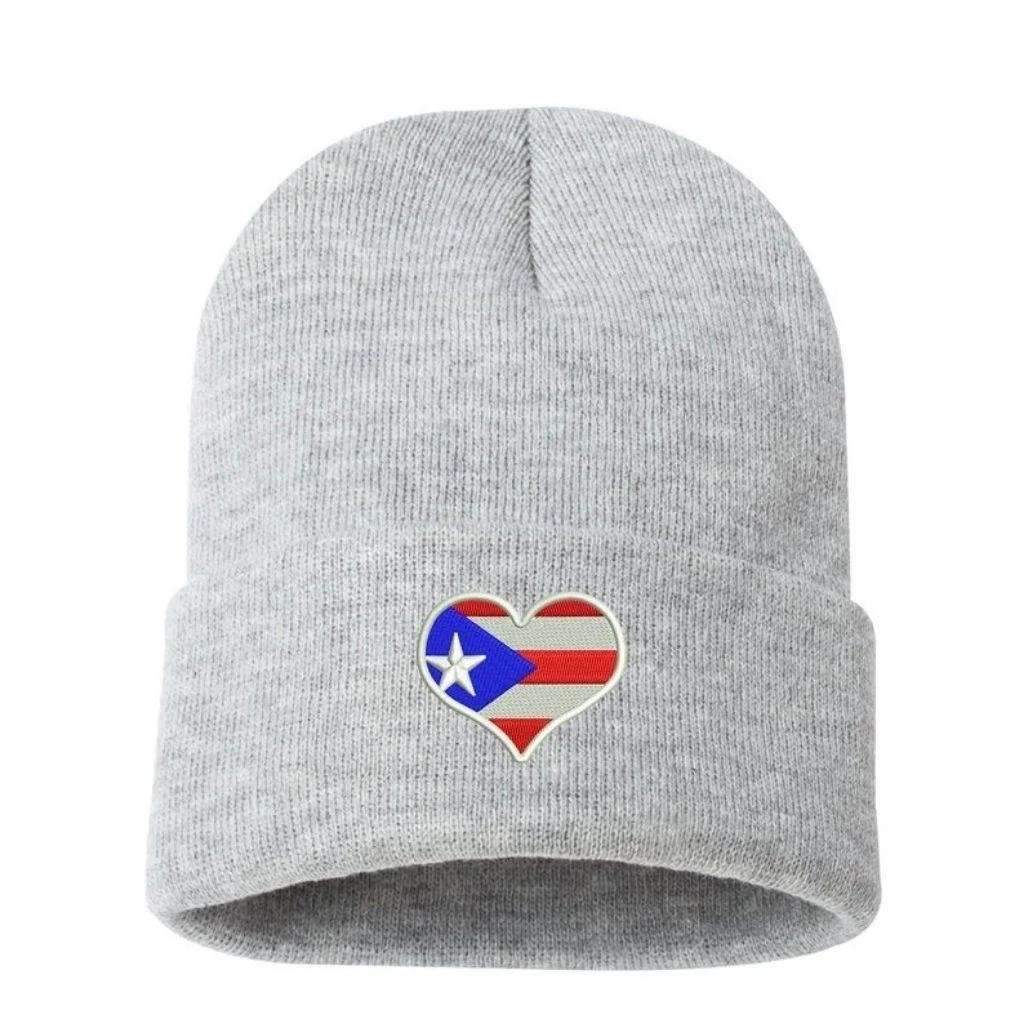 Light heather grey cuffed beanie embroidered with Puerto Rico flag heart - DSY Lifestyle