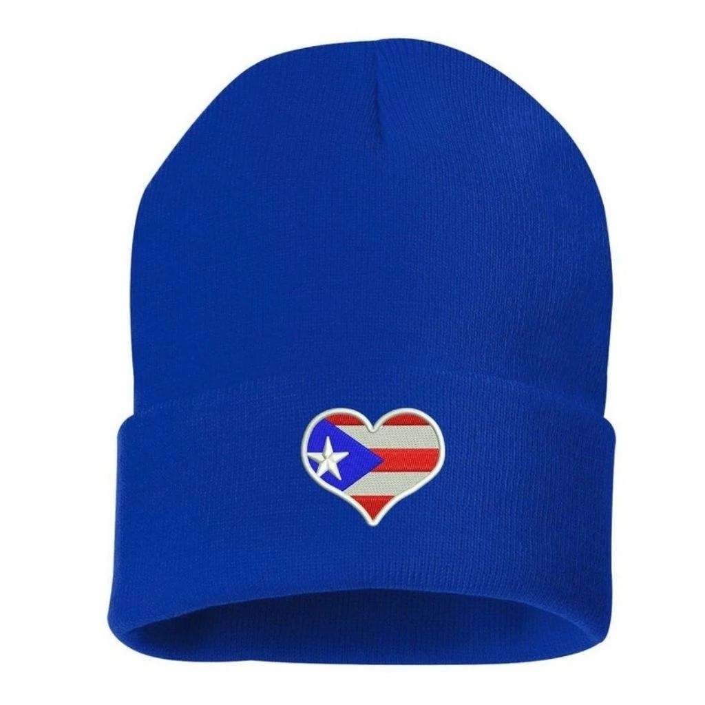 Royal blue cuffed beanie embroidered with Puerto Rico flag heart - DSY Lifestyle