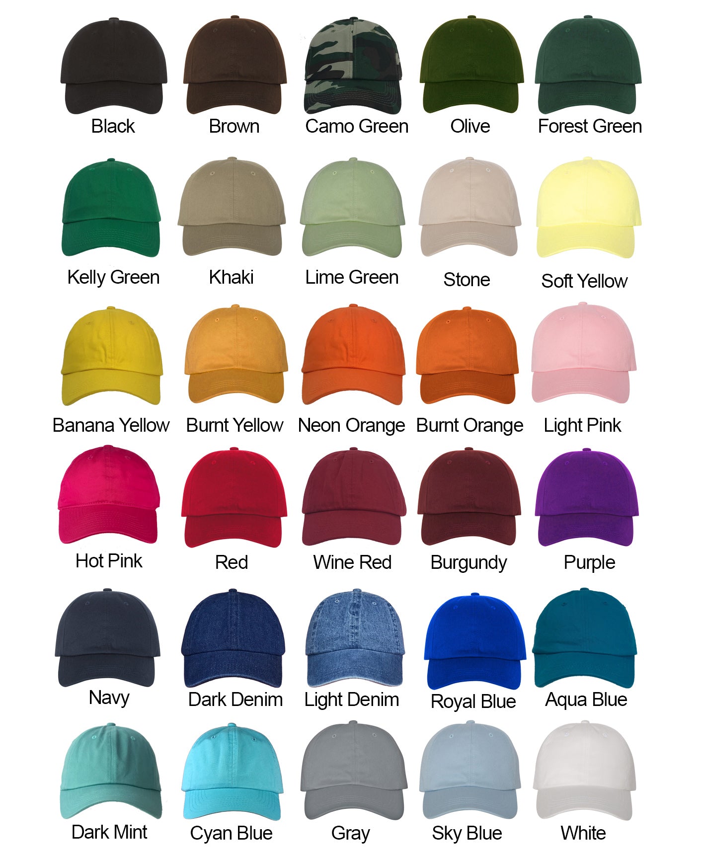 Bride and Squad Dad Hat Set Color Chart- Black, Brown, Camo Green, Olive, Forest Green, Kelly Green, Khaki, Stone, Soft Yellow, Banana Yellow, Burnt Orange, Light Pink, Hot Pink, Red, Wine Red, Burgundy, Purple, Navy, Dark Denim, Light Denim, Royal Blue, Aqua Blue, Dark Mint, Cyan Blue, Gray, Sky Blue, White
