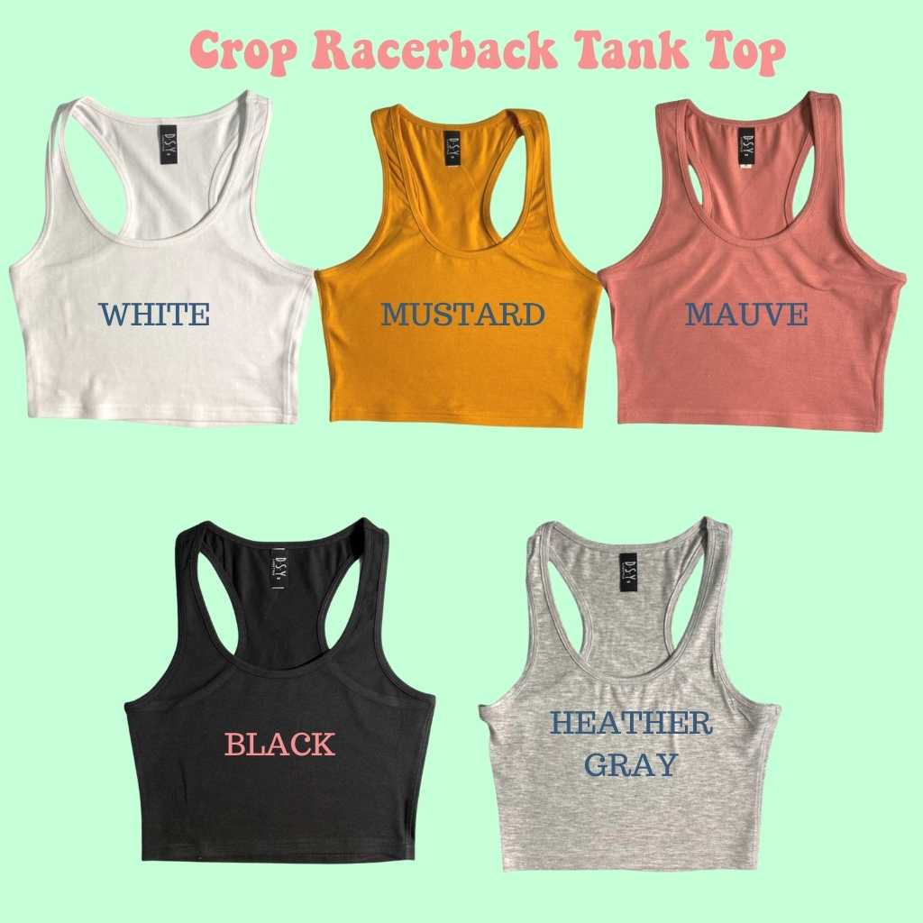 Color chart for racerback crop tank tops available in white mustard mauve black and heather gray - DSY Lifestyle