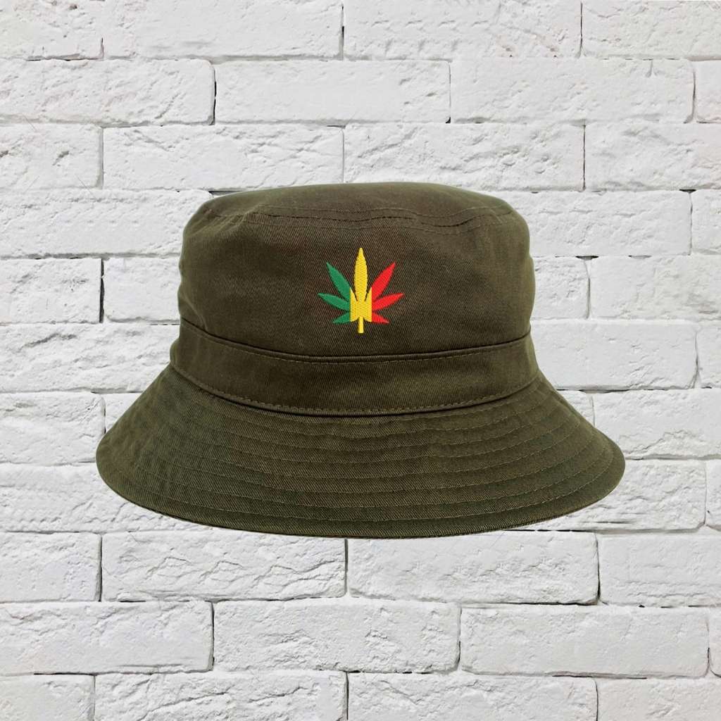 Embroidered Rasta Bud on olive bucket hat - DSY Lifestyle