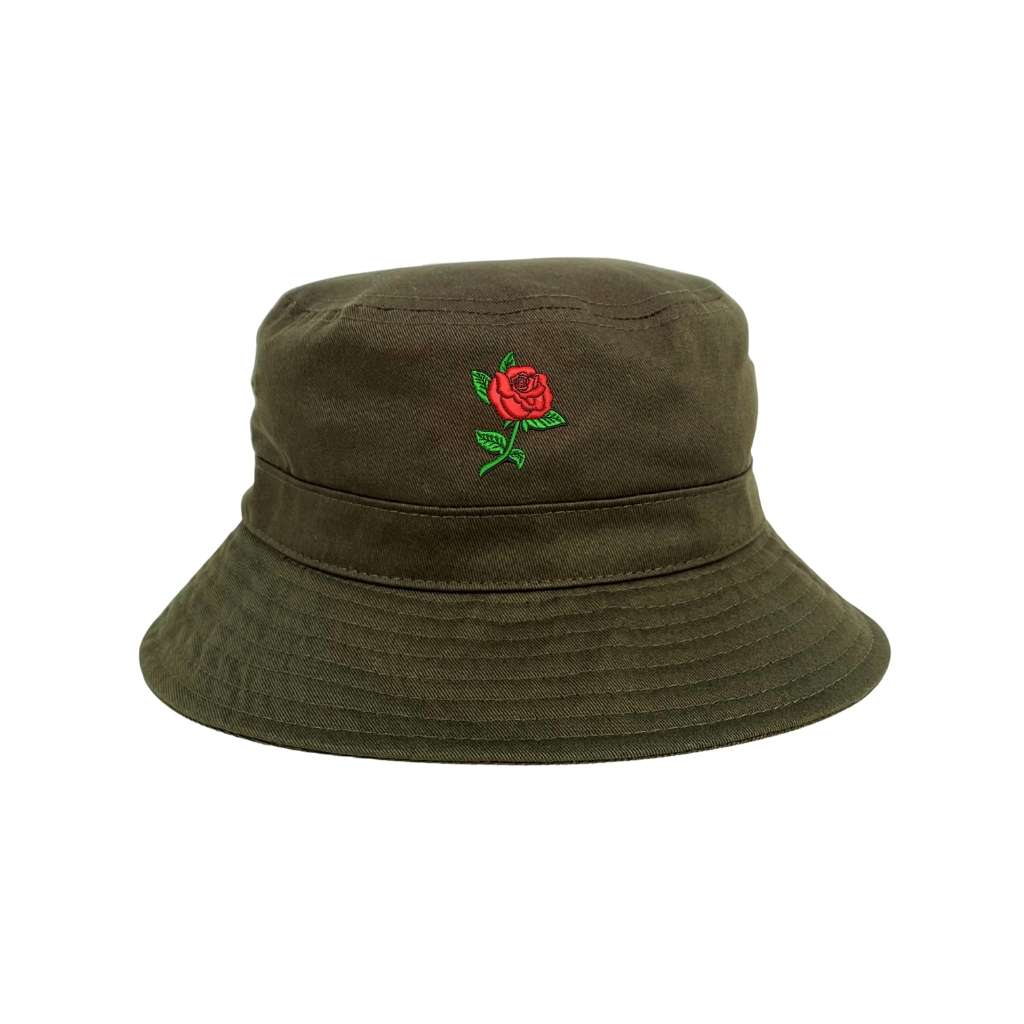 Embroidered Red Rose on olive bucket hat - DSY Lifestyle