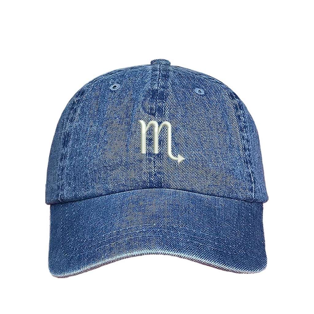 Light denim baseball hat with Scorpio zodiac symbol embroidered in white - DSY Lifestyle