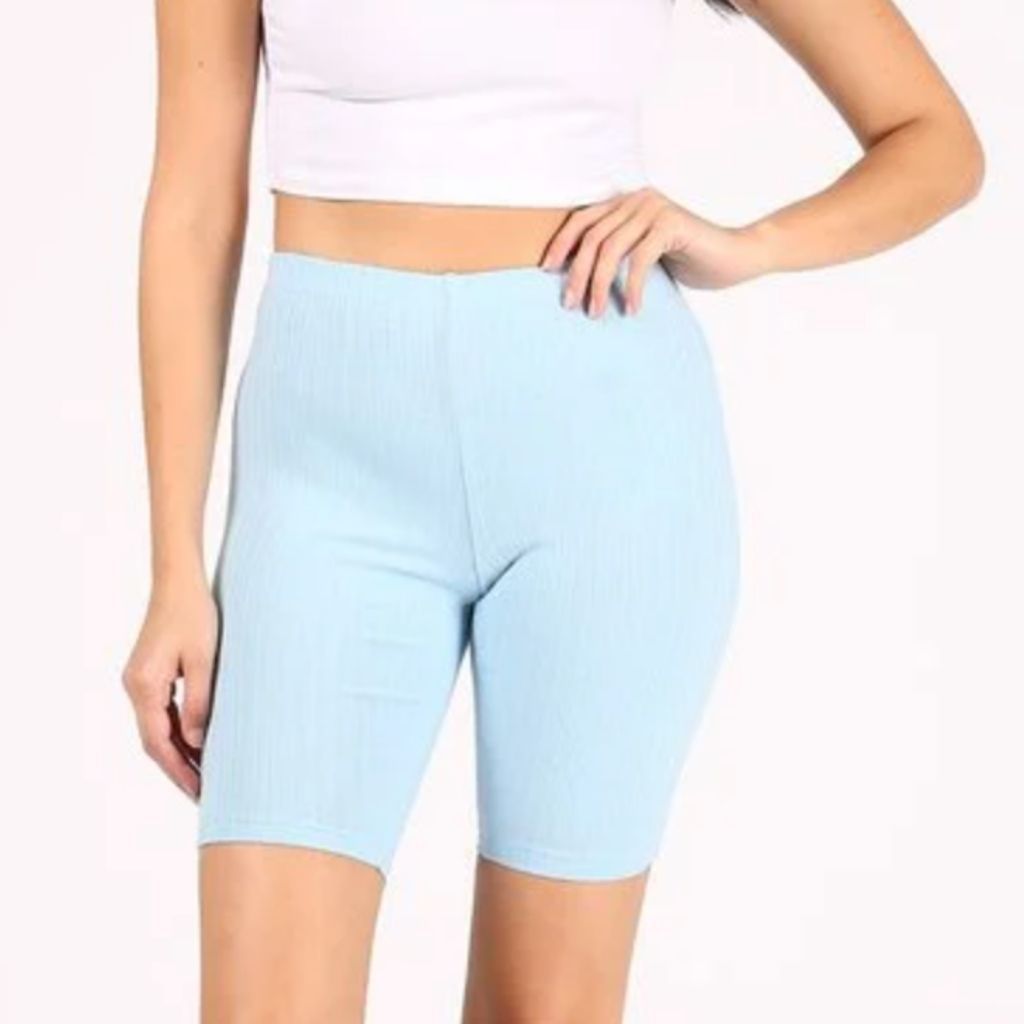Model wearing sky blue ribbed biker shorts - DSY Lifestyle