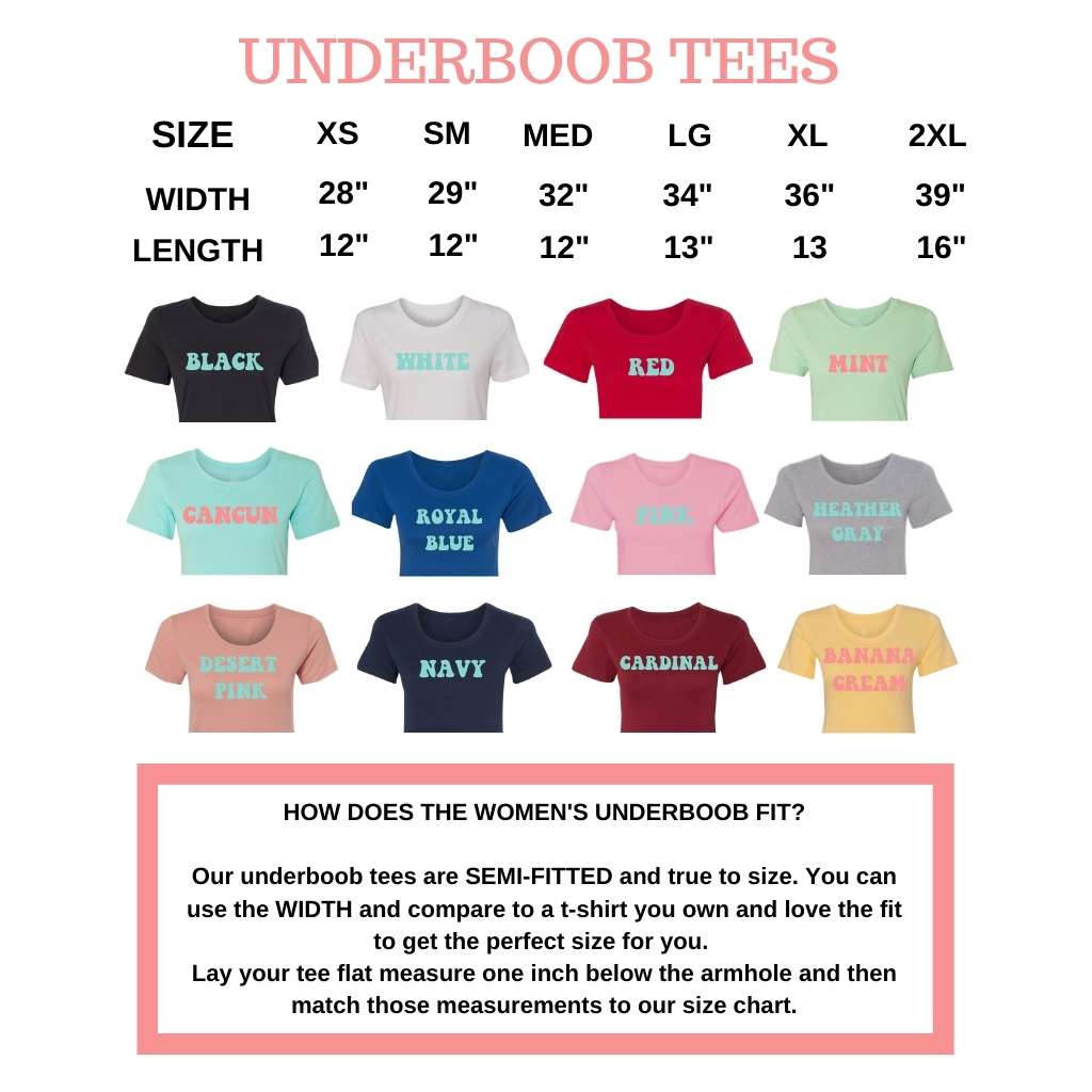 Womens Underboob Color and Size Chart- S, M, L, XL. 2XL - Black, White, Red, Mint, Cancun, Indigo, Pink, Heather Gray, Desert Pink, Navy, Cardinal, Banana Cream