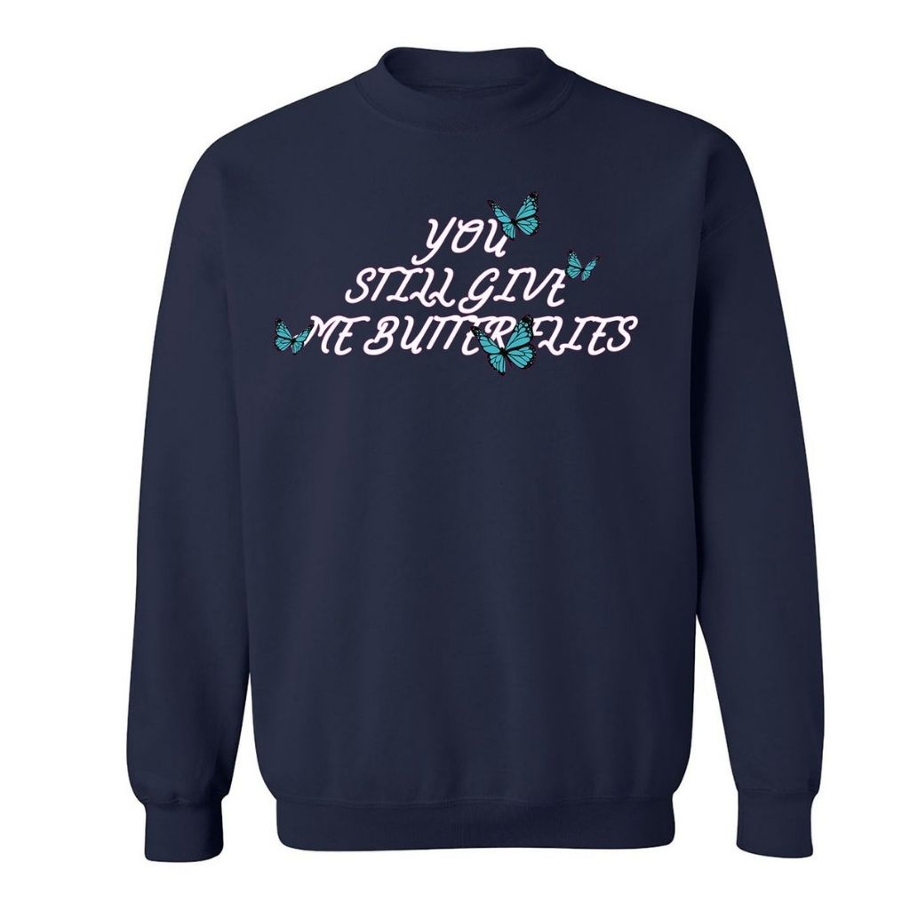Navy sweatshirt with 4 blue butterflies and You still give me butterflies printed in the front in white - DSY Lifestyle