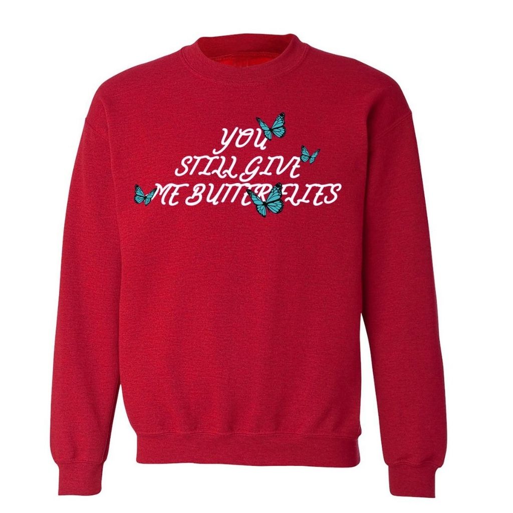 Red sweatshirt with 4 blue butterflies and You still give me butterflies printed in the front in white - DSY Lifestyle