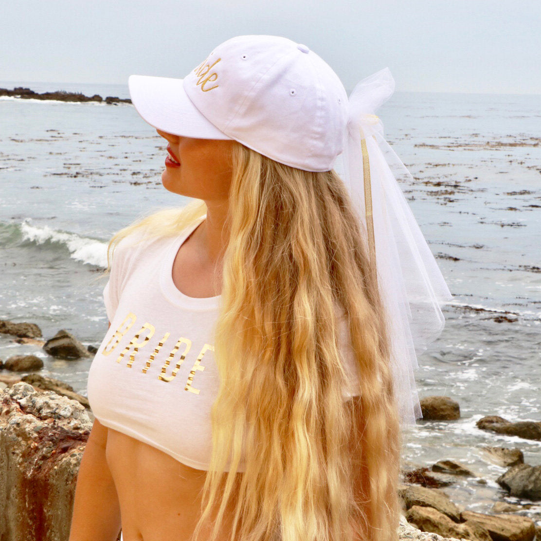 Bride Dad Hat with Veil, Baseball Hat, Bride Hat, Hat with Veil, Bride Dad Hat, Embroidered Hat, Custom Embroidery, Gold Embroidery, White Dad Hat, DSY Lifestyle, Made in LA