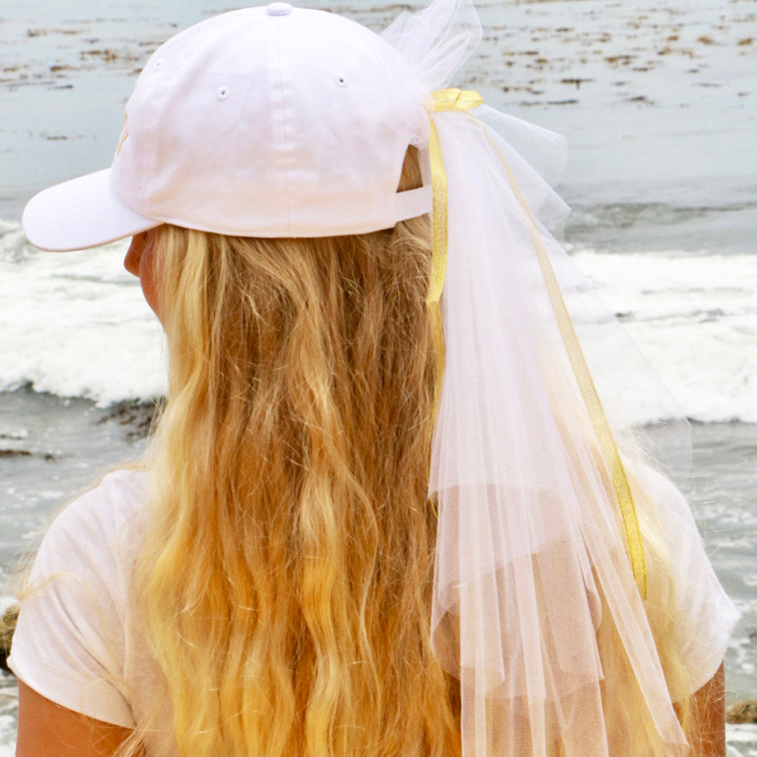 Bride Dad Hat with Veil, Baseball Hat, Bride Hat, Hat with Veil, Bride Dad Hat, Embroidered Hat, Custom Embroidery, Gold Embroidery, White Dad Hat, DSY Lifestyle, Made in LA