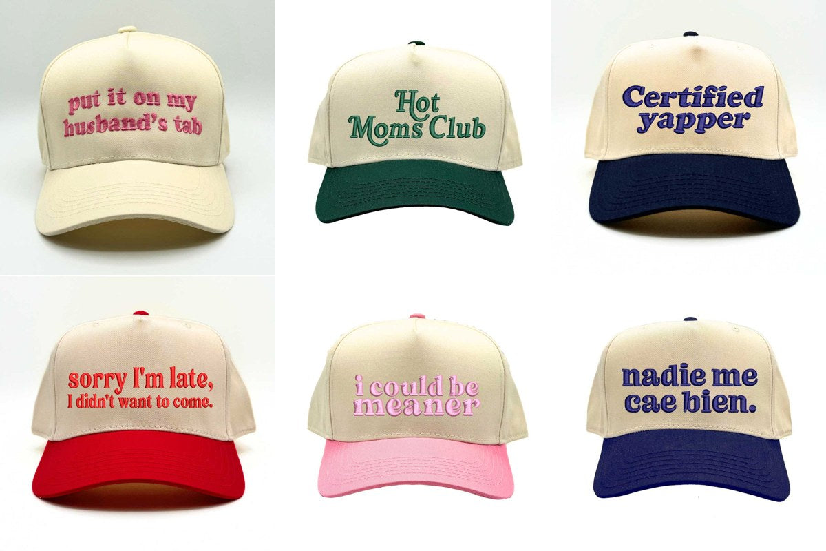 Six funny embroidered DSY Lifestyle trucker hats for gifts