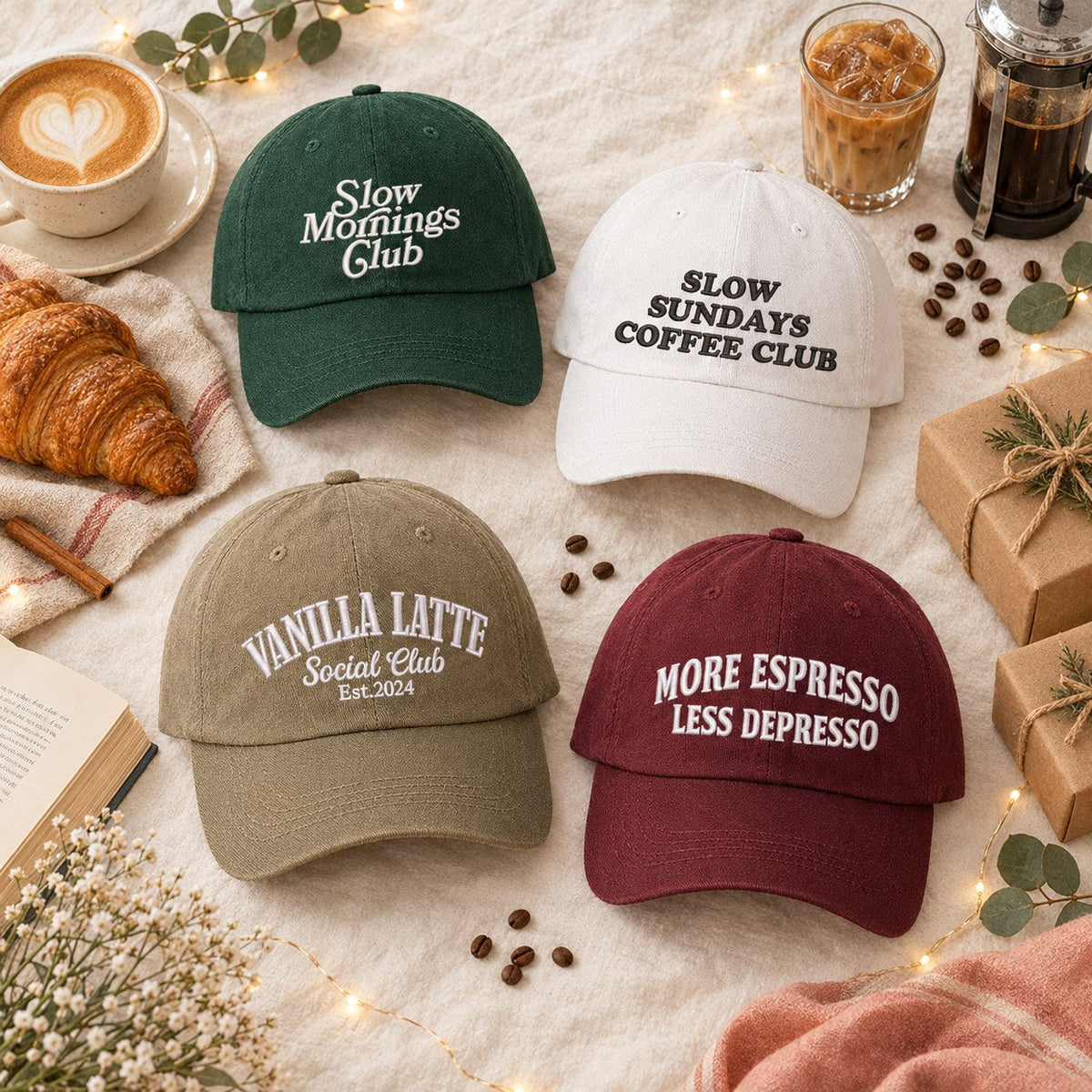 Flat lay of DSY embroidered coffee lover hats: Slow Mornings Club, Slow Sundays Coffee Club, Vanilla Latte Social Club and More Espresso Less Depresso with a latte, iced coffee and croissant