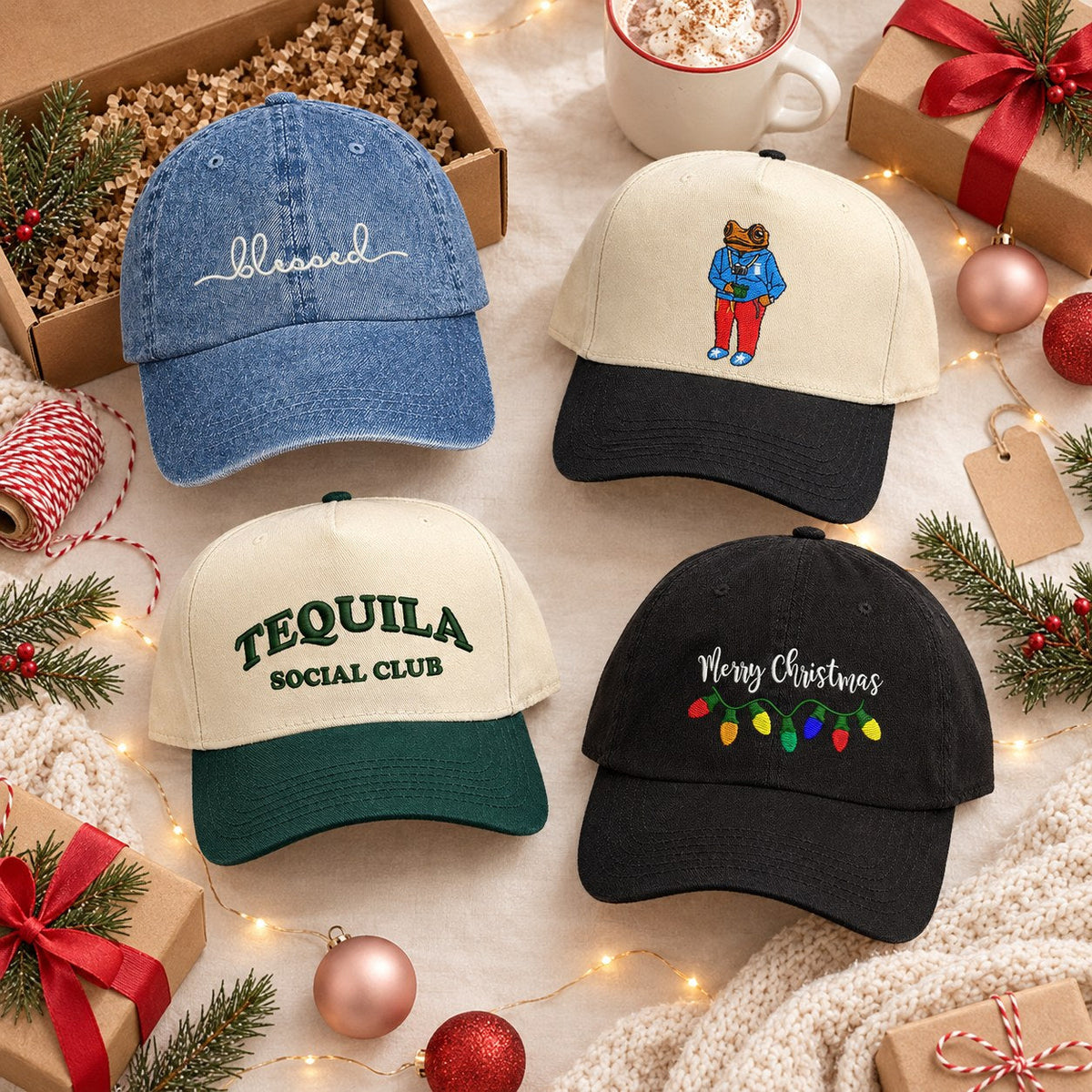 Flat lay of DSY best-selling embroidered hats for last-minute Christmas gifts: Blessed denim, Sapo Concho, Tequila Social Club and Merry Christmas lights with a shipping box and wrapped gifts
