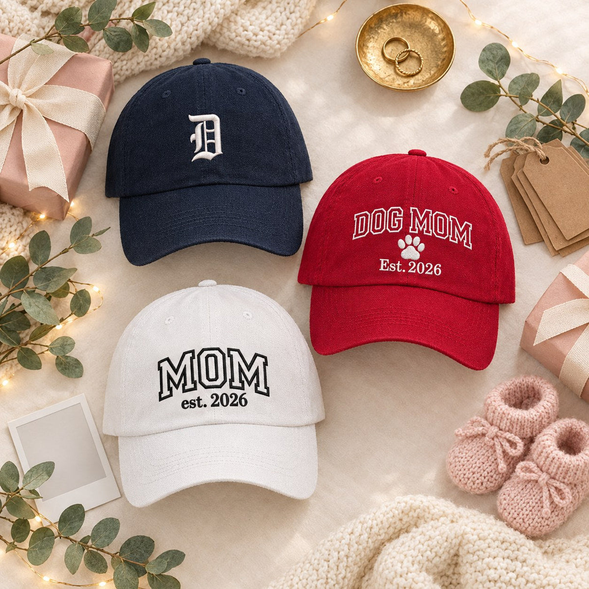 Flat lay of personalized DSY embroidered hats: a custom Old English initial D hat, Dog Mom Est. 2026 and Mom Est. 2026 with blush-wrapped gifts, gift tags and baby booties