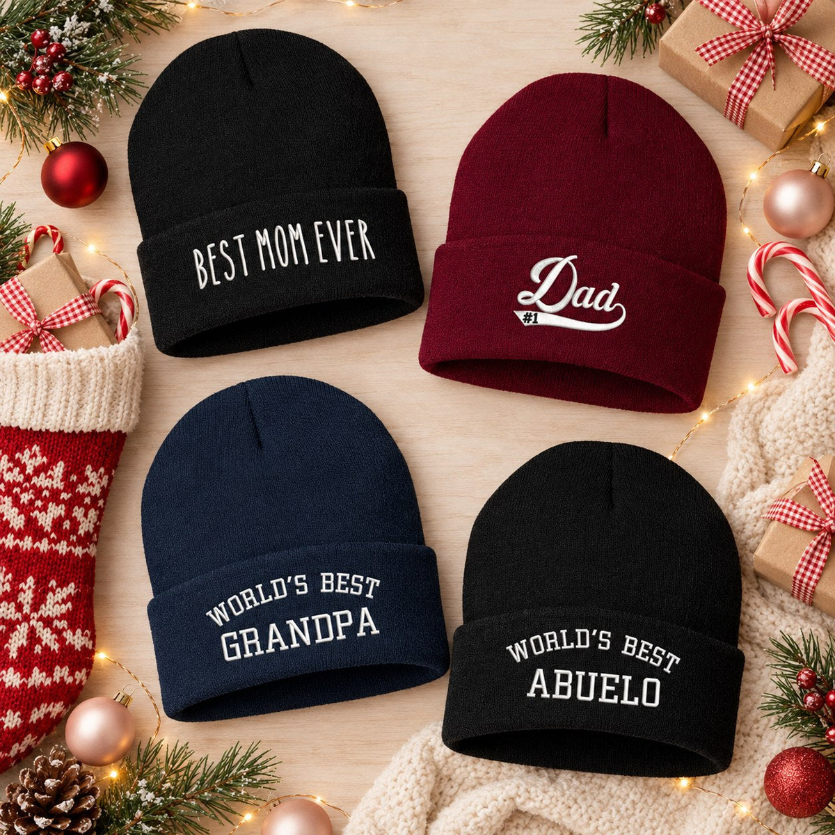 Flat lay of four DSY embroidered beanies for stocking stuffers: Best Mom Ever, #1 Dad, World's Best Grandpa and World's Best Abuelo, with a knit Christmas stocking, candy canes and wrapped gifts