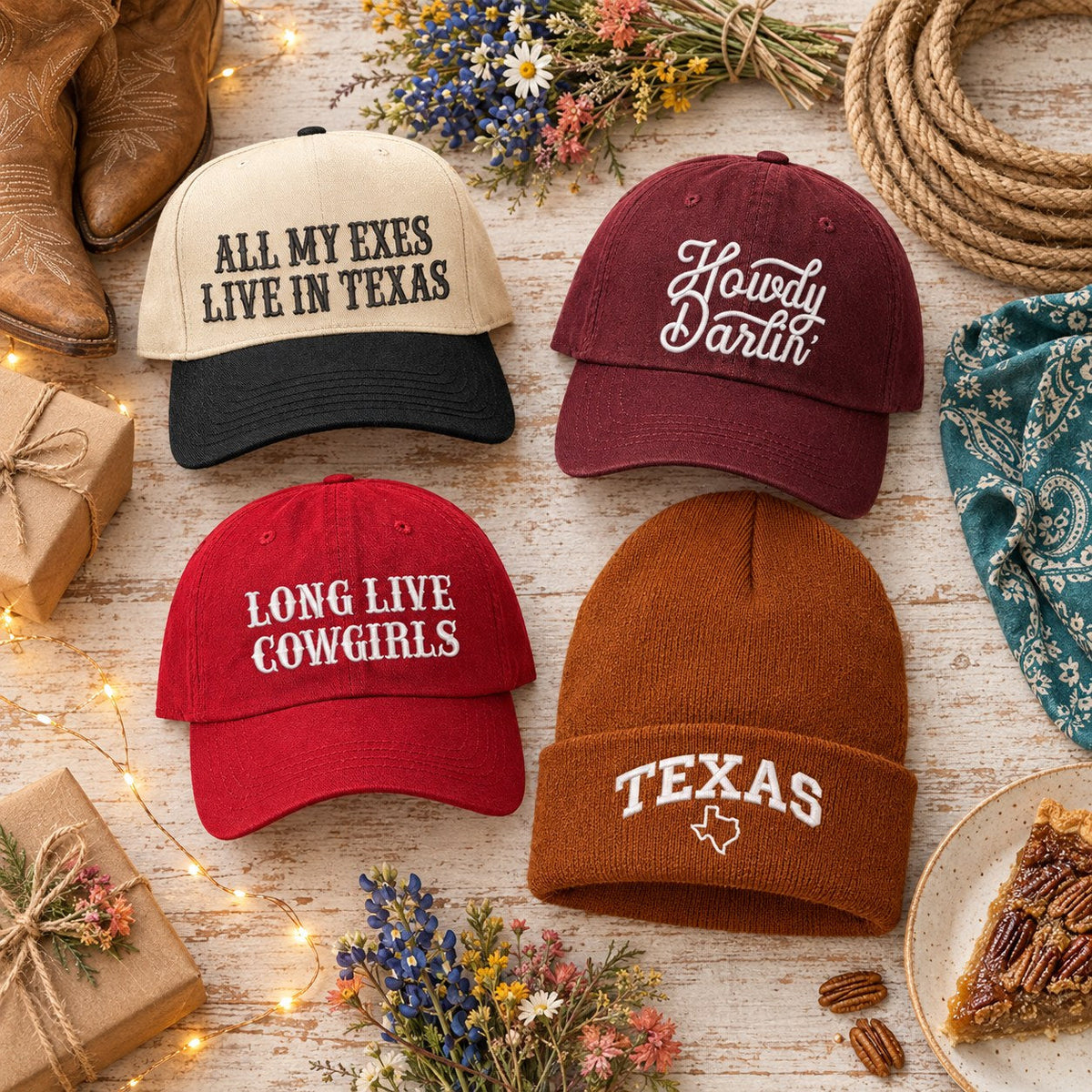Flat lay of DSY Texas embroidered hats: All My Exes Live in Texas, Howdy Darlin', Long Live Cowgirls and a burnt orange Texas beanie with cowboy boots, bluebonnets, rope and pecan pie