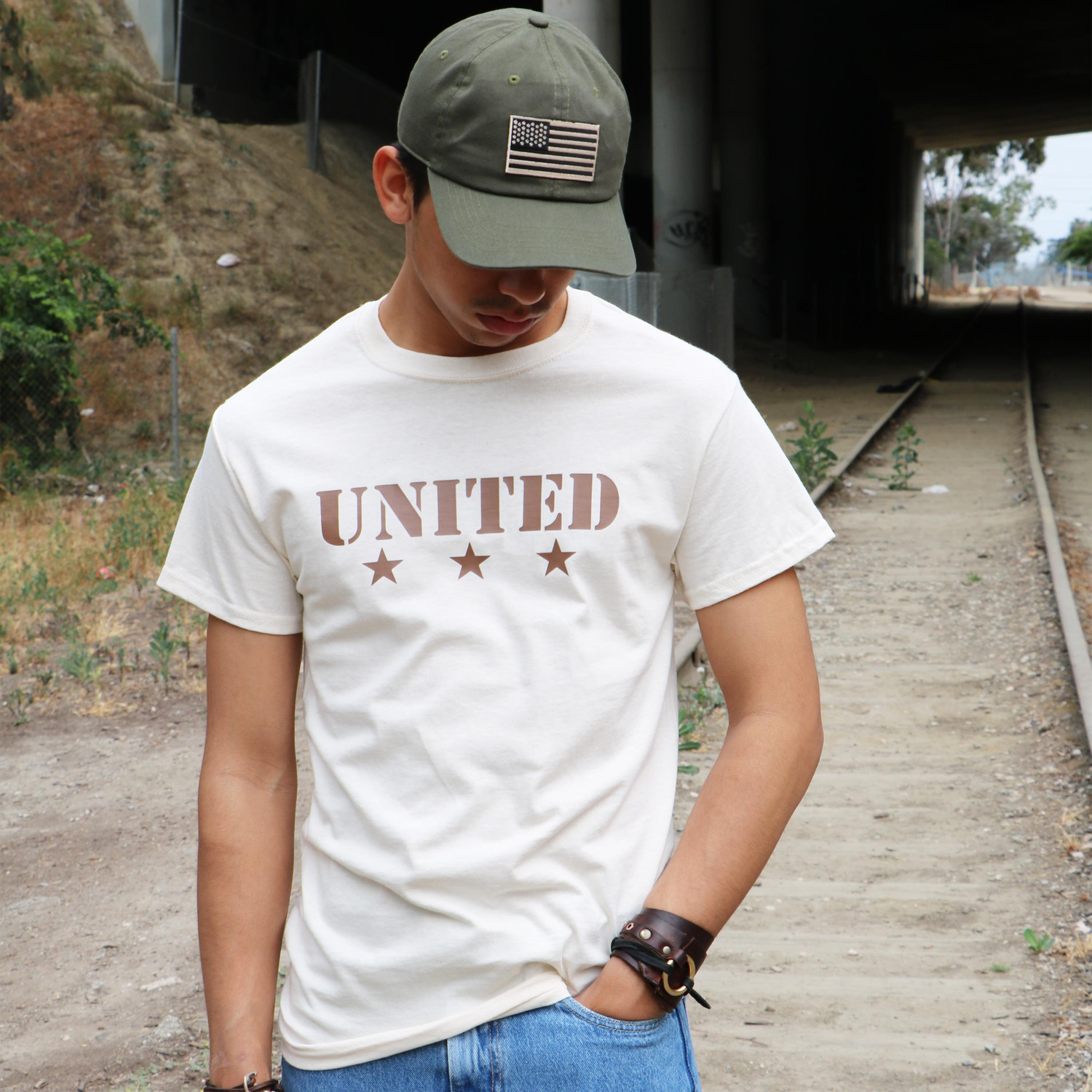 Olive embroidered dad hat, flag patch dad hat, united tshirt, men&