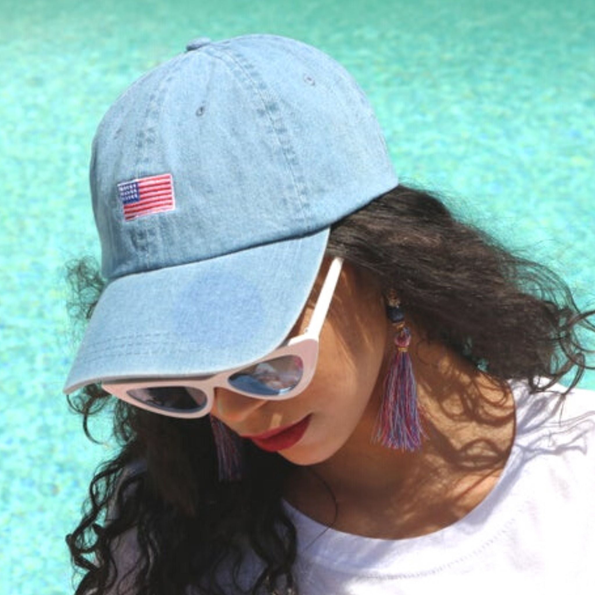 DSY Lifestyle embroidered 4th of July statement hat with patriotic red, white, and blue details, perfect for women who wear their mood and national pride with confidence.