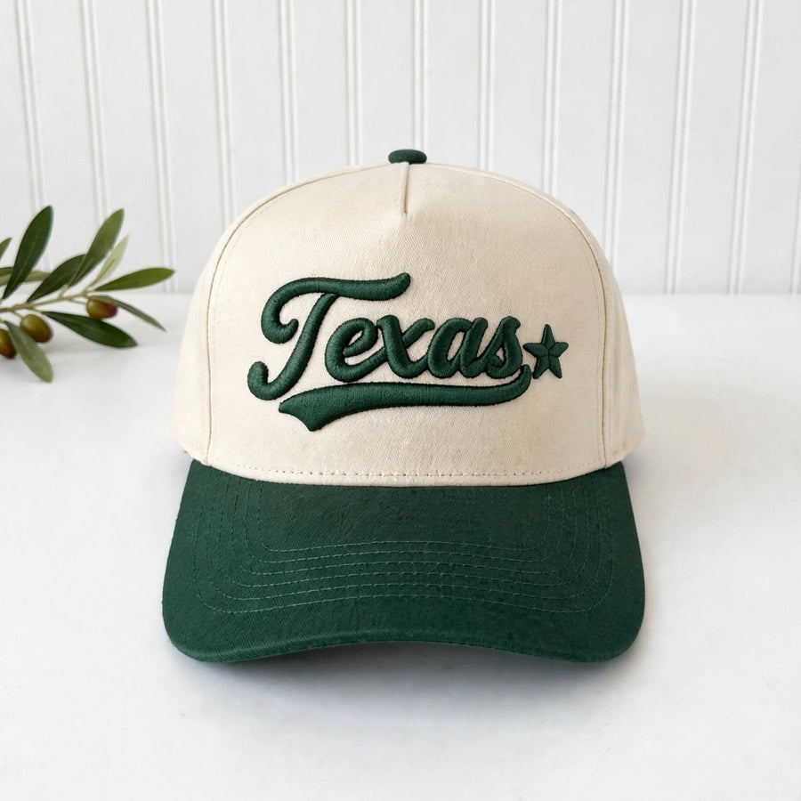 Texas 3D Star trucker hat in Natural / Forest Green Bill with raised forest green Texas script, swoosh, and star embroidery