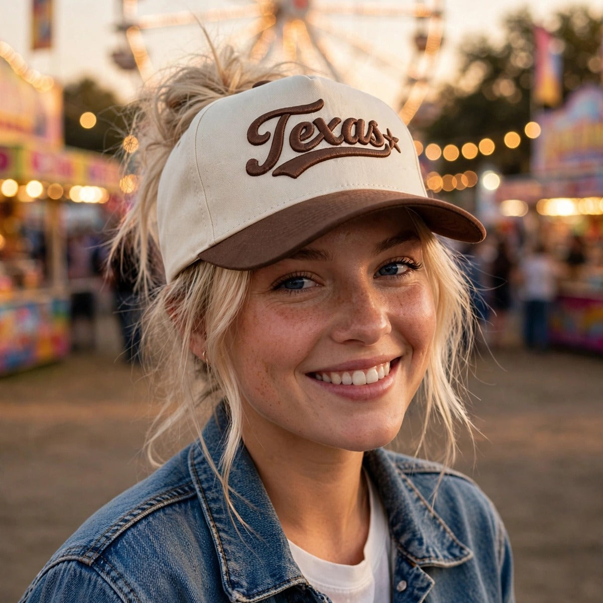 Woman on a State Fair midway at sunset wearing the Texas 3D Star trucker hat in Natural / Brown Bill with matching brown embroidery