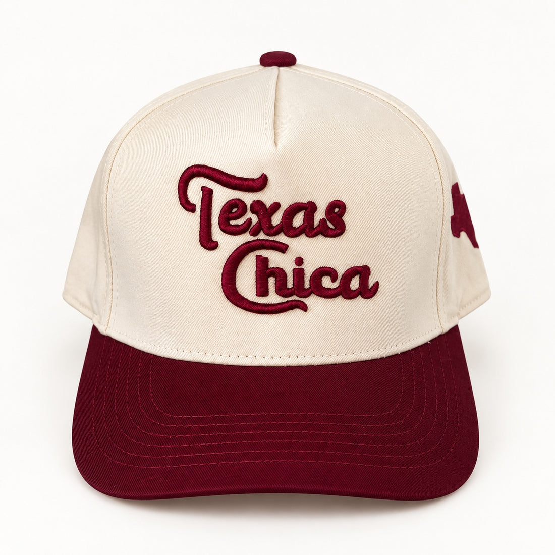 Texas Chica natural and burgundy five-panel trucker hat on a white background